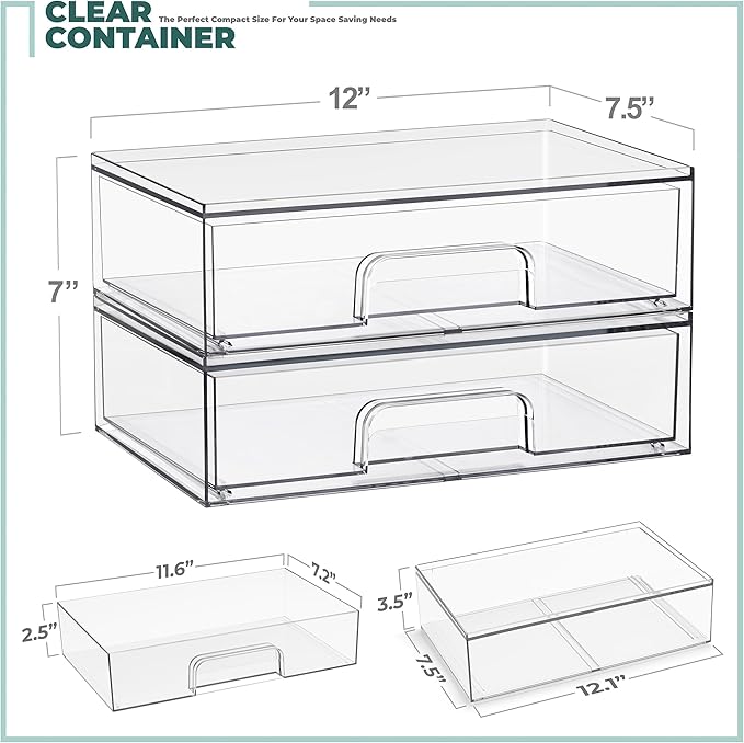 Sorbus Wide Stackable Acrylic Storage Drawers, 2 Pack Clear Plastic Organizer Bins for Baby Bottles, Makeup, Bathroom, Vanity & Countertop Organization, Pull-Out Drawer Design for Cabinets & Pantry