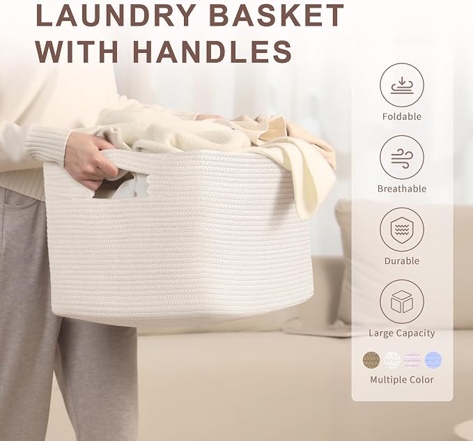 60L Woven Laundry Basket Hamper with Handles, White | 21"x15"x11", collapsible wicker hamper, storage for dirty clothes, toys, blankets, gifts, living room, bedroom, bathroom