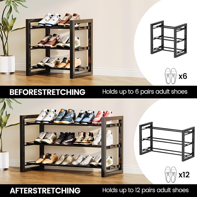 Homeiju Expandable Shoe Rack, 3 Tier Metal Shoe Shelf, Adjustable Shoe Stand for Sneakers, Boots, Heels, Heavy-Duty Steel Standing Shoe Organizer for Entryway, Closet, Bedroom, Black