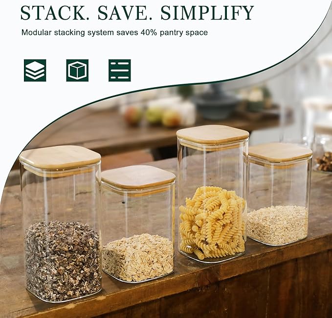 LIBWYS 8-Pack Glass Pantry Storage Containers with Bamboo Lids (1.22Qt/1.67Qt) - Stackable Square Food Jars for Pantry Organization, Coffee, Flour, Snacks, Tea | Kitchen Canisters Set