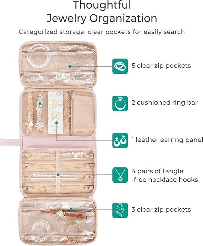 Marscamd Travel Jewelry Case Organizer, Foldable Jewelry Bag, Pink | with Zipper Jewelry Bag for Earrings, Rings, Necklaces, Bracelets, Brooches