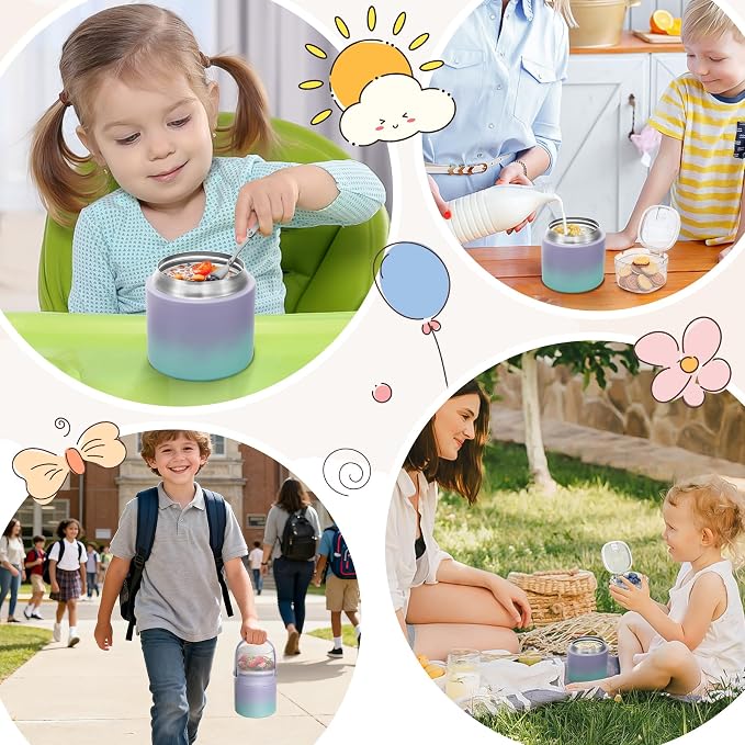 2 - in - 1 Soup Thermo for Hot Food 14oz with Snack Box Container Leak Proof Insulated Lunch Container Kids and Adults Stainless Steel Double Wall Vacuum Wide-mouth Thermal with Spoon and Handle