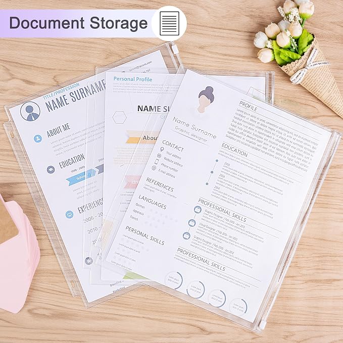 Antner 8 Pack Clear Letter Size Binder Pockets 3 Ring Binder Zipper Pouch Document Organizer, Waterproof PVC 3-Hole Loose Leaf File Bags Insert Sleeves Page Sheet Protectors Business Office Supplies