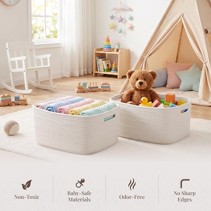 5-Pack Large Woven Rope Storage Baskets, 2 Sizes Organizer Bins | Fabric Cube Boxes and Rectangular Shallow Bins for Closet, Shelf, Bookshelf, Nursery, Changing Table, Bathroom, Toys & Home