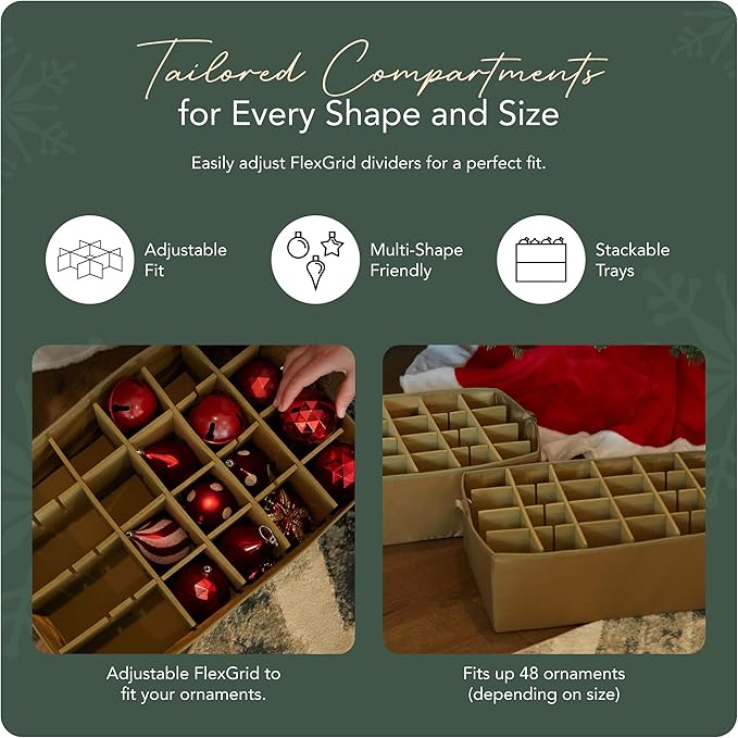 Covermates Keepsakes Adjustable Ornament Storage Box – Heavy-Duty Polyester, Padded Dividers & FlexGrid Trays – Protective Holiday Organizer with Stackable Walls & Label Window, Green