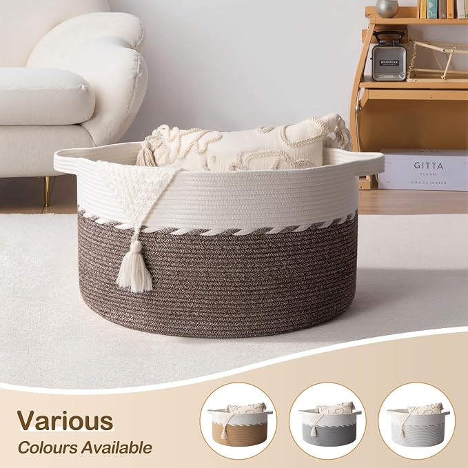 OIAHOMY 105L Extra Large Blanket Basket - Decorative Cotton Rope Storage Basket for Bedroom, Living Room & Nursery - Woven Laundry Hamper for Organizing Blankets, Clothes & Toys - Brown & White