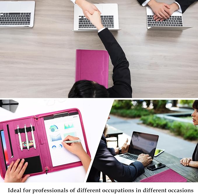 ProCase Portfolio Business Padfolio Folder with Zipper -Magenta | Conference Meeting Executive File Legal Document Organizer with Pockets Letter Size A10 Writing Pad Notepad Padfolio