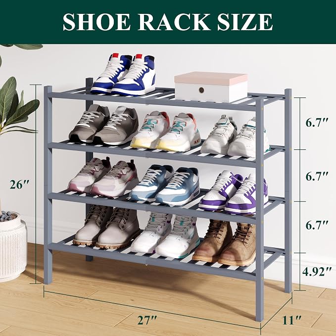 Smiry Bamboo Shoe Rack for Closet, 4 Tier Wooden Shoe Organizer, Stackable Wood Shoe Storage Shelf for Entryway, 14 Vertical Slats, 2+2 Stack Heavy-Duty Legs, 26.77"x11.02"x25.98", Grey