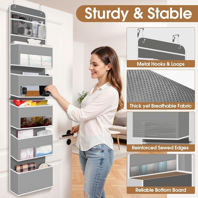 WISELIFE 6-Tier Over The Door Organizer Storage Detachable Design Door Hanging Storage Organizer with Clear Window Behind The Door Storage for Nursery Bedroom Bathroom Pantry Closet Grey
