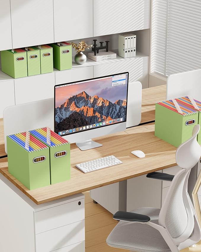 Oterri File Organizer Box, Portable Collapsible Cardboard File Folder Organizer with Handle for Letter Size Hanging Files, Document Storage Box for Home Office & Classroom (4 Packs, Green)