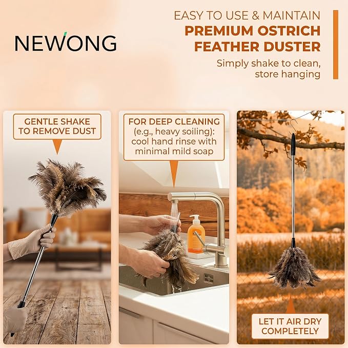 Extendable Ostrich Feather Duster 26"-79", Real Fluffy Ostrich Feather Duster, Telescoping Handle for High Ceiling Cleaning, Fan Dust Removing, Furniture, Car Cleaning – Standard Threaded Interface