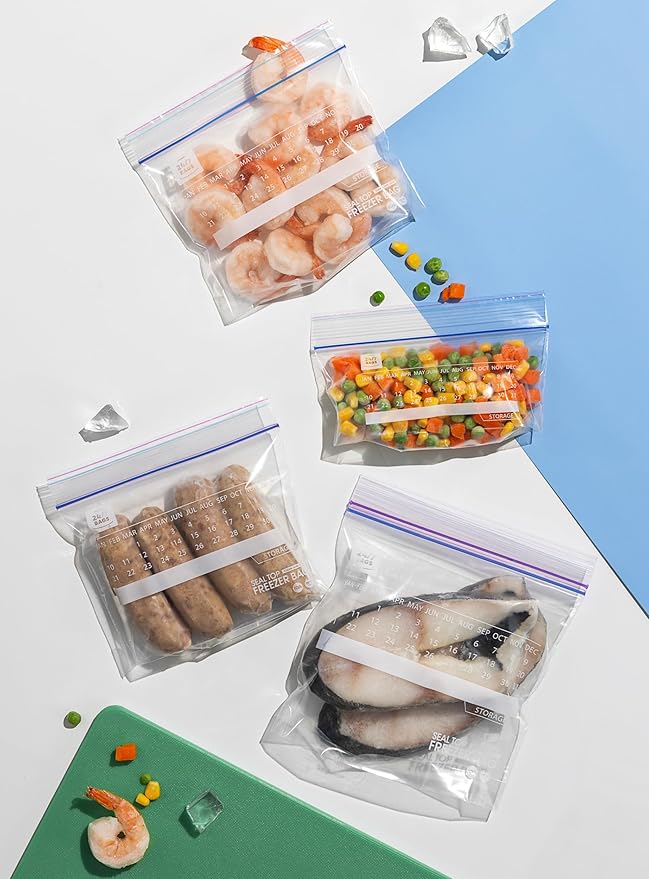 24/7 Bags- Quart Freezer Bags, 140 Count with Expandable Bottom and New Calendar Feature, Easy Fill On The Go