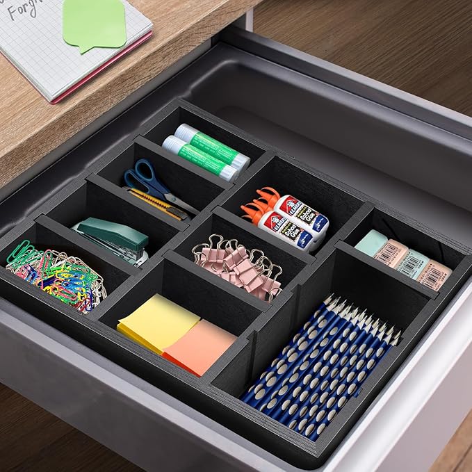 Wooden Desk Drawer Organizer, 9-Slot Office Organization and Storage Box, Adjustable Natural Wood Desktop Tray for Pens, Sticky Notes, and Small Accessories, Aesthetic Home Office Decor (12 x 9 In)