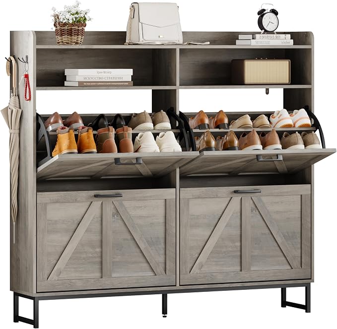 Wodeer Shoe Cabinet Storage for Entryway, Shoe Storage Cabinet with 4 Flip Drawers, Freestanding Narrow Shoe Rack Organizer with Metal Legs, Adjustable Shelves & Open Storage for Foyer, Hallway, Grey