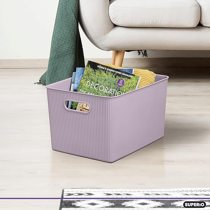 Superio Ribbed Collection - Decorative Plastic Basket Open Home Storage Bins Organizer, X-Large Lilac Purple (6 Pack) Container Boxes for Organizing Closet Storage Bins for Shelves 22 Liter/23 Quart