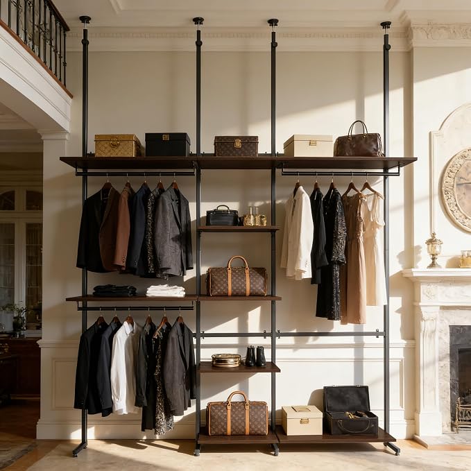 MZG Closet Organizer System, Freestanding Closet System with Wood Shelves & Hanging Rod, Adjustable Floor-to-Ceiling Open Wardrobe for Bedroom, Apartment & Small Closet (16.8"D x 48.4"W x 137.7"H)