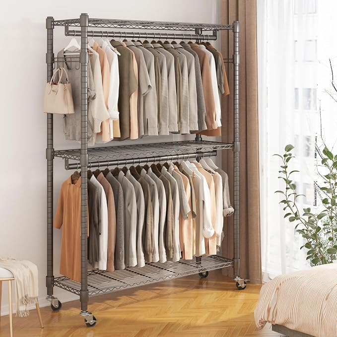BATHWA Clothes Racks for Hanging Clothes, 25 mm tube Heavy Duty 47.3"W x 17.7"D x 80.7"H Large Wardrobe Rack with Shelves & Wheels Rolling Multifuctional for Bedroom Laundry Walk-in Closet Organizer