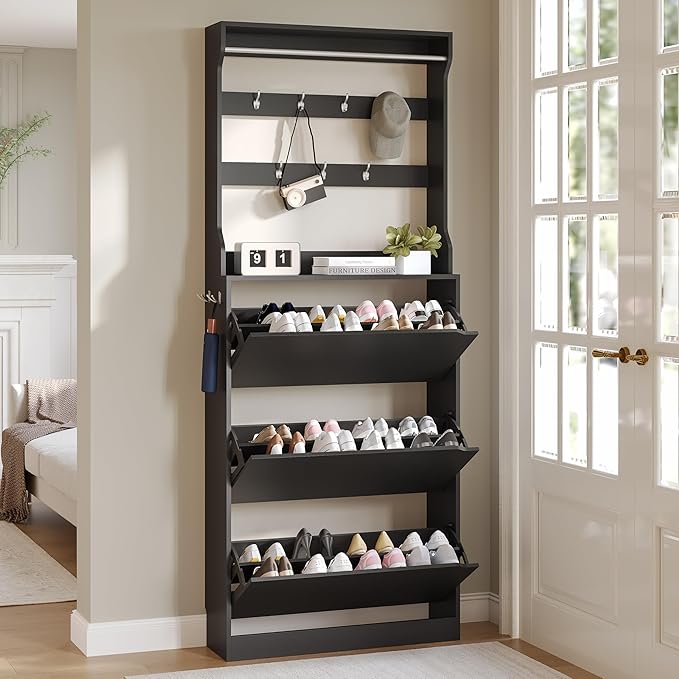 Wodeer Tall Shoe Cabinet with Coat Rack, Hidden Shoe Storage Cabinet with Doors & Drawer, Hanging Bar & Hooks, Slim Narrow Freestanding Shoe Rack Organizer for Entryway, Hallway & Living Room, Black