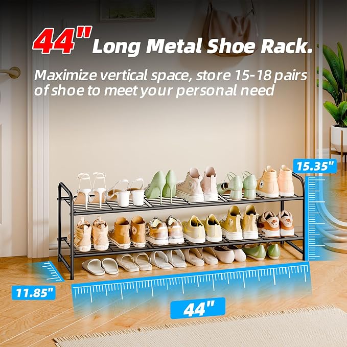 2 Tier Shoe Rack for Closet, 44 Inch Extra Wide Shoe Storage Organizer for Shelves, Heavy Duty Metal, Easy Assembly, Black