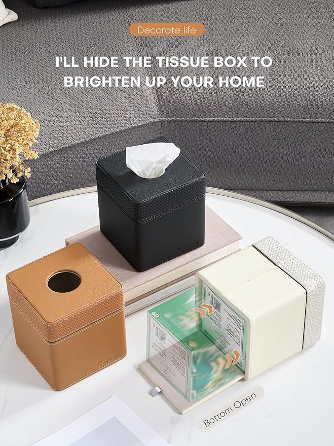 Tissue Box Holder Cover, Modern PU Leather Square Decorative Tissue Holder Organizer-Woven New Black