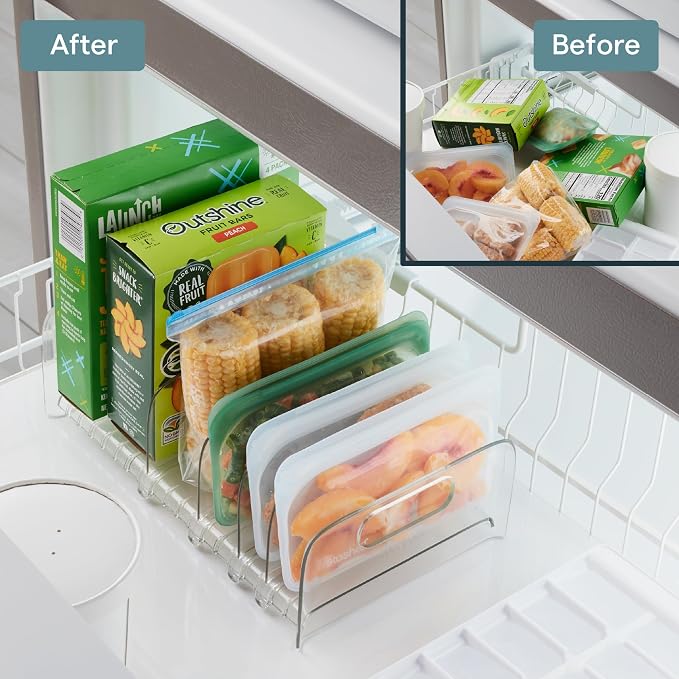 YouCopia FreezeUp Freezer Rack 12" BPA-Free Fridge Organizer with Adjustable Dividers and Handles for Frozen Food Box and Meal Storage, Clear