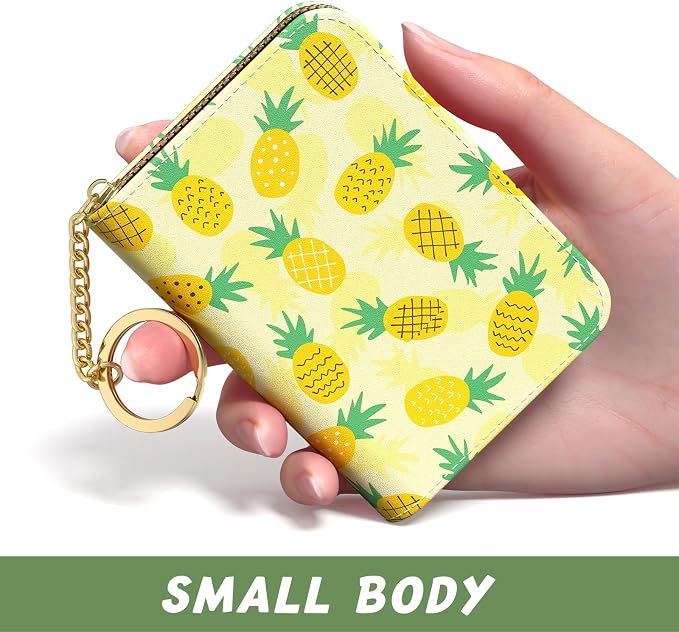 Aiawoxc Credit Card Holder, Small RFID Wallet Slim Leather Card Organizer Case with Zipper and Keychain, Pineapples