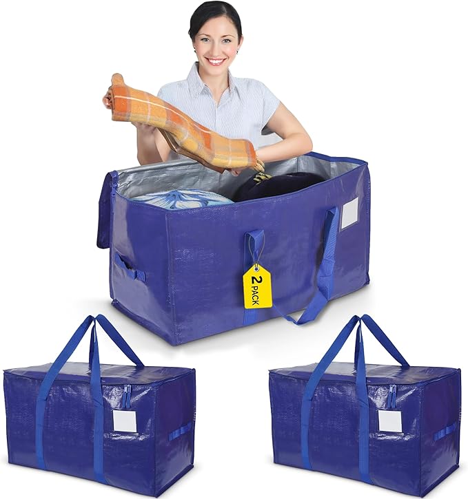 Yan & Hin Extra Large Moving Bags Heavy Duty 2 Pack, 90L Storage Bags for Moving with Zipper & Reinforced Handles, College Dorm Moving Bags, Reusable Packing Bags for Clothes, Blankets, Organization
