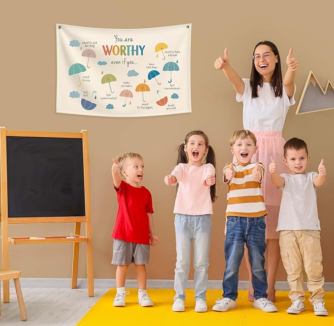 Classroom Wall Flag Decor-Teacher Gift-Inspirational Back to School Wall Banner Decor-You Are Worthy Even If You-Hanging Rectangular Canvas Banner for Classroom Teacher Office Reading Corner