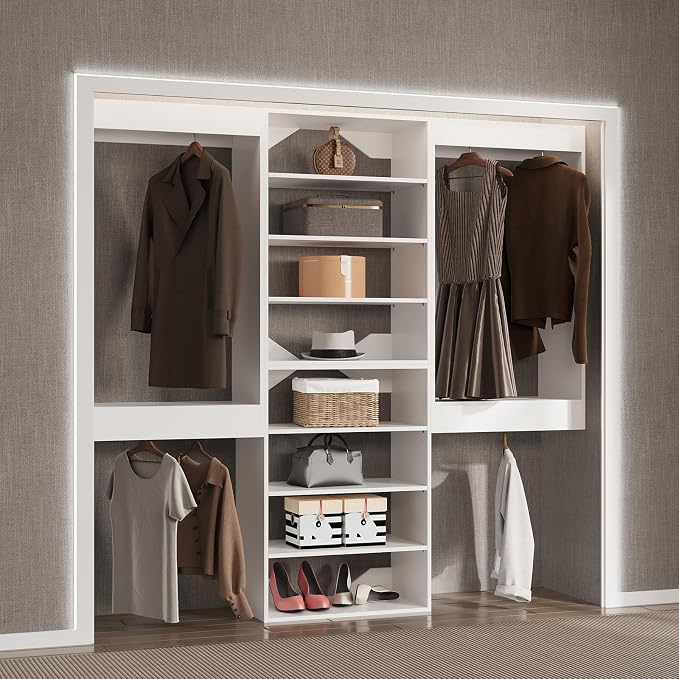Modular Closet System, 84" Wide Closet Organizer System with Hanging and Towers, Wood Tower Closet Storage for Walk In Closets, Wall Mounted Wardrobe Organizer Kit System, Bedroom, White