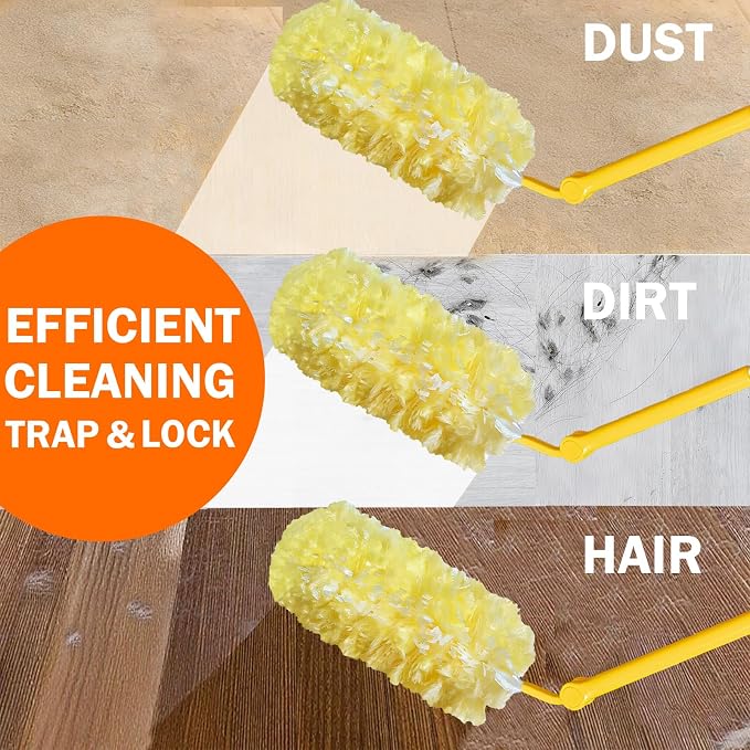 60 Heavy Duty Duster Refills for Swiffer Duster, Large, Yellow | 2 Side Extra Thick, 3 ft Handle & 1 Short Handle, Multisurface 360 Dusters kit for Dusting Furniture, Fans, Blinds, Corners