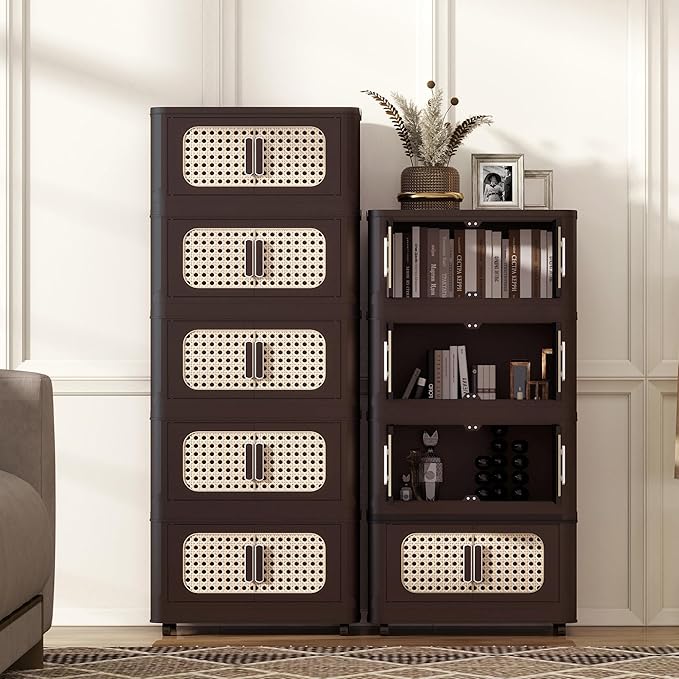 4 Tiers Folding Storage Cabinet,20" Side Wide Stackable Storage Bins with Doors and Wheels, Space Saving Plastic Cabinet for Living Room, Office, Dorm, Retro Brown