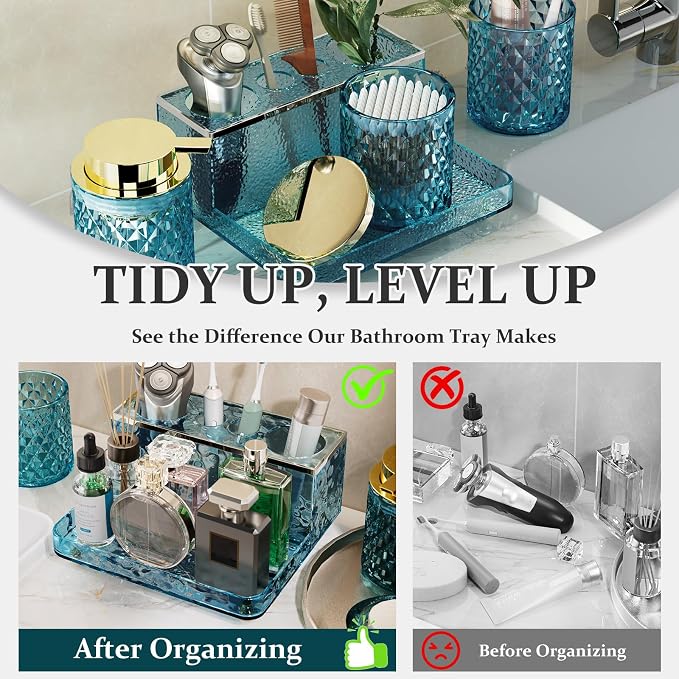 Glass Bathroom Accessories Set 5Pcs Crystal - Foaming Soap Dispenser, Soap Dish, Cup, Acrylic Toothbrush Holder with Tray Organizer, Qtip Jar, Bathroom Counter Set Sink Decor (Teal)