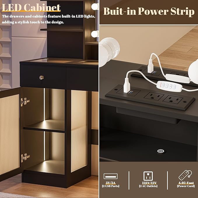 INNOD 40" Vanity Desk with Large Mirror and Lights, Modern Glass Top Makeup Vanity Set with Power Outlet, Drawers and Cabinet, 3 Lighting Color Adjustable Dressing Table for Bedroom, Black