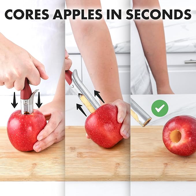 Zulay Kitchen Ultra Sharp Apple Corer Tool - Stainless Steel, Sharp & Serrated Blade Cores in Seconds - Easy to Use & Clean, Durable Apple Core Remover for Apples & Small Fruits - 2 Pack Black & Red