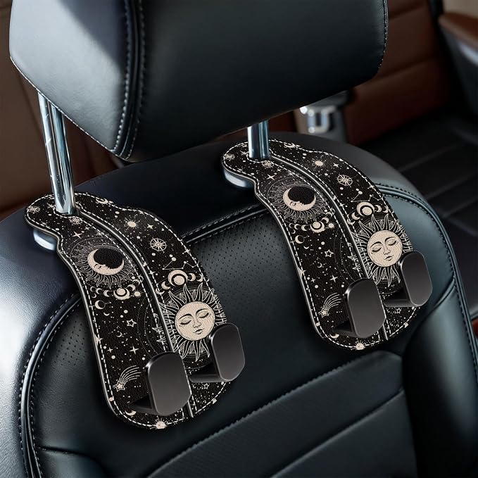 Blusabaca 2PCS Car Seat Headrest Hooks, Purses Bags Holder, Sun and Moon | PU Leather, Double Metal Back Storage Hangers for Grocery Bags Handbags Bottles Coats Phones, Car Accessories Organization