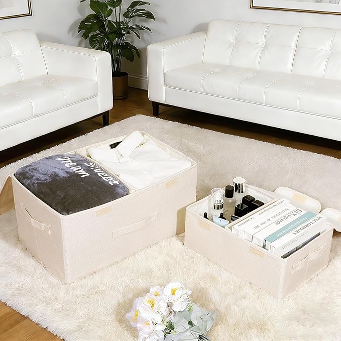 2 Pack Storage Boxes with Lids and Handles, Collapsible Linen Storage Bins Organizer Containers Baskets Cube with Removable Divider for Home Bedroom Closet Office (Cream, Large)