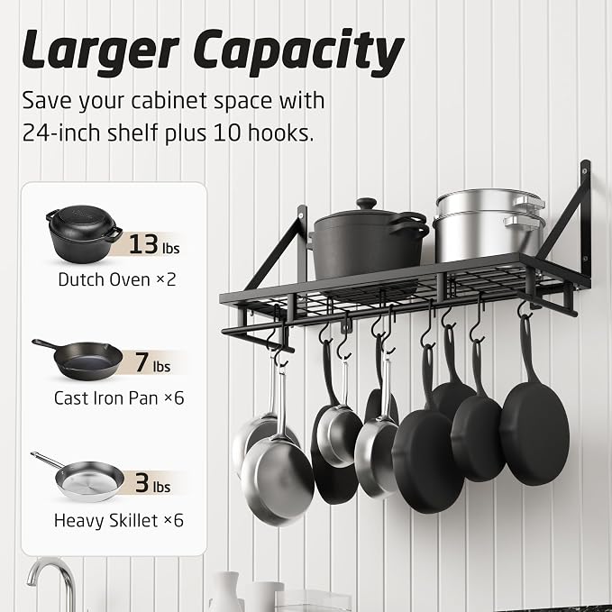 KES 24 Inch Kitchen Pot Pan Rack Wall Mounted, 10 Hooks, Matte Black | 88lbs Load Capacity, Heavy Duty, Cast Iron Pots and Pans Organizer, Hanging Storage, Wall Shelf, Space Saving, KUR215S60-BK