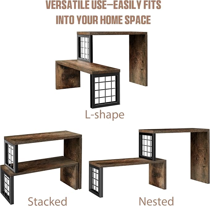 Kitchen Countertop Organizer, 2 Tier Corner Counter Shelf, Rustic Brown | Stackable, Expandable, Adjustable Cabinet Organizer Shelf, Spice Rack, for Kitchen, Coffee Station, Rustic Wood Grain
