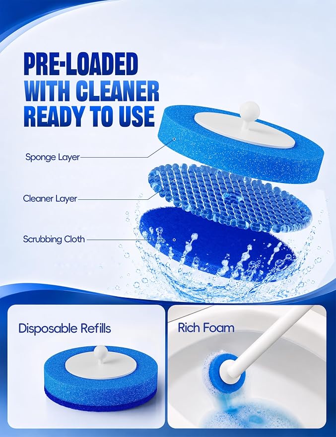Toilet Brush Kit, Disposable Toilet Bowl Cleaner Brush with Blue Replacement Heads, Press-Button Wand and Self-Closing Freestanding Holder (2 Toilet Brush + 91 Refills)