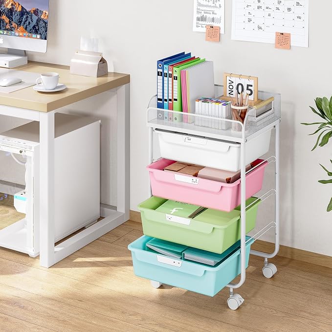 SYKIARIOL 4-Drawer Rolling Storage Cart with Mesh Top, Utility Craft Organizer Cart on Wheels with DIY Labels, Rolling Drawer Cart for Home Office Classroom Bedroom, Colourful