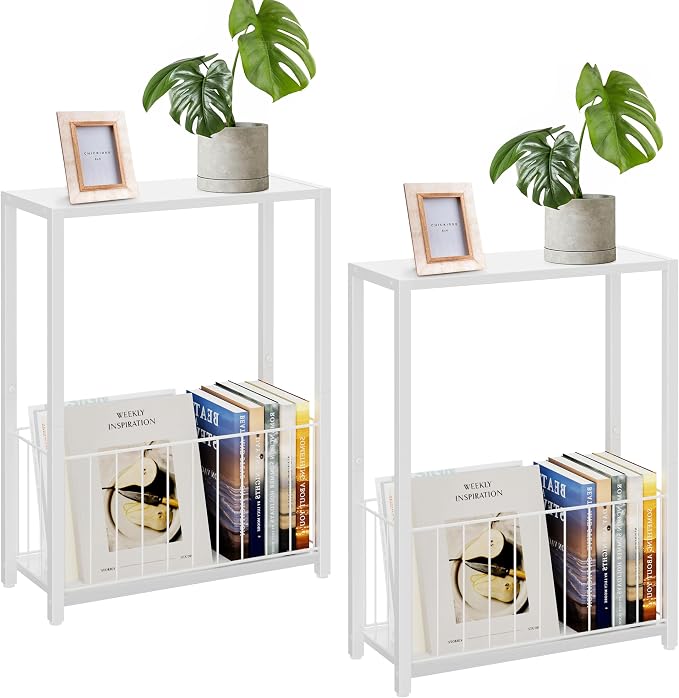 Homleke Narrow Side Tables Set of 2 with Magazine Holder, Skinny End Tables | Space-Saving Design, Small Spaces, Storage Shelf, Metal Frame, Easy Assembly, 7.1" D x 16.9" W x 23.6" H, White