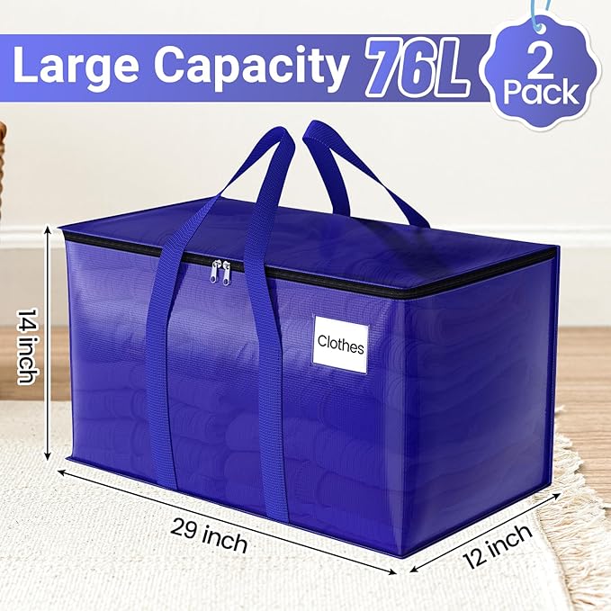 FabSpace Moving Storage Bags, Moving Supplies Packing Boxes for Moving, Camping, College Dorm Room Essentials for Girls, Blue Tote Bags, Heavy-Duty Storage Bins With Lids And Zippers, 76L 2 Pack