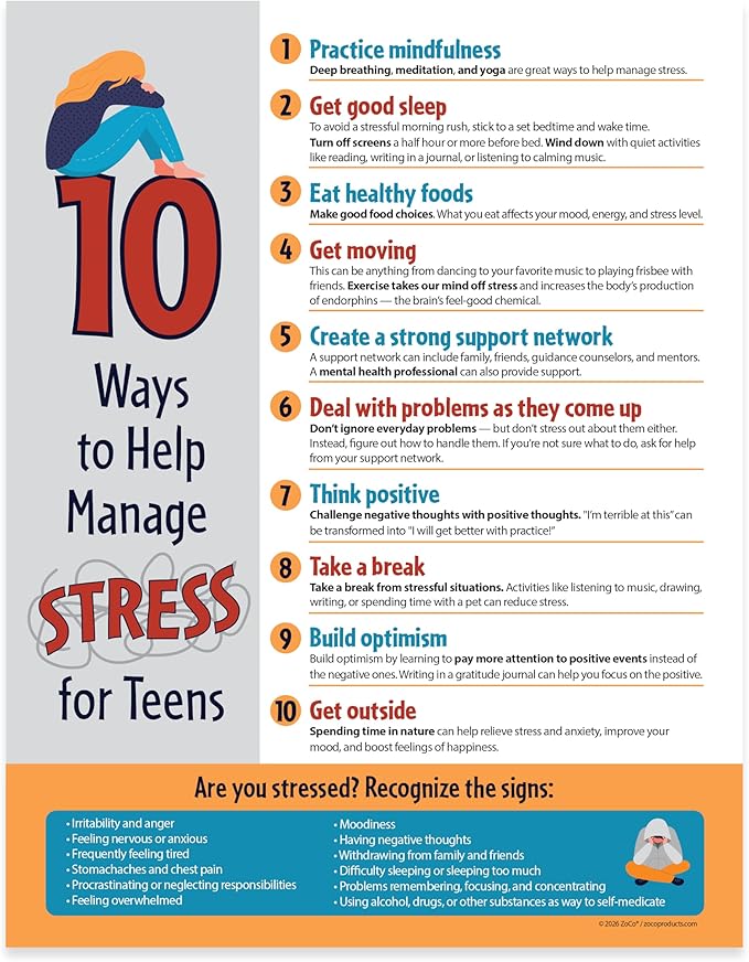 ZOCO – 10 Ways to Manage Stress – SEL & Mindfulness Poster for Teens (2-Pack) Laminated 17x22 – School Counselor & Therapy Office Decor