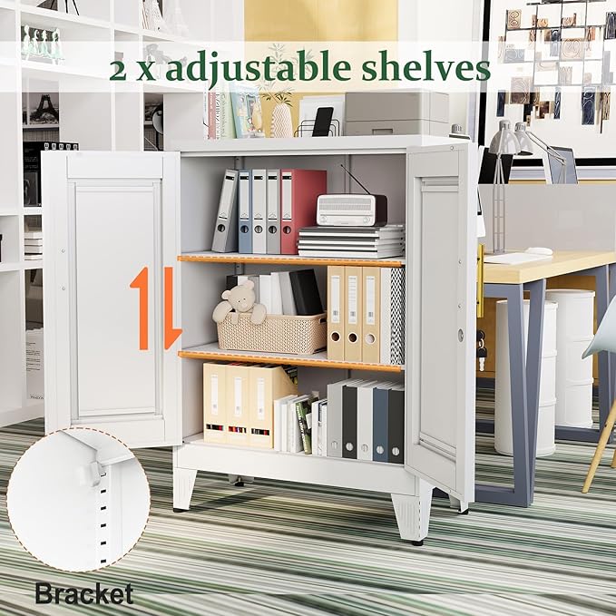 White Metal Storage Cabinet, 36" Tall Locking Storage Cabinet with 2 Adjustable Shelves, Steel Locker Organizer, for Office, Home, School, 11.81" D x 23.62" W x 35.83" H