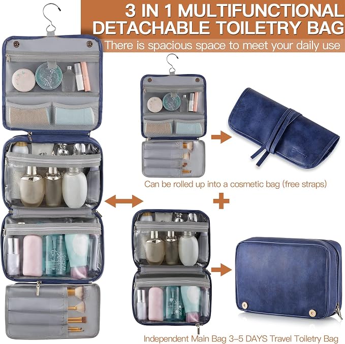 Elviros Hanging Toiletry Bag for Men PU Leather Shaving Dopp Kit (Blue) | 3-in-1 Waterproof Travel Organizer with Separate Compartments for Grooming Items, Toiletries, and Daily Essentials
