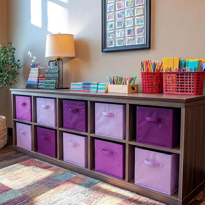 Karenhi 11" x 10.5" x 10.5" Purple Storage Cube, 6 Pack Fabric Cube Storage Bins Organizer Box, Collapsible Baskets with Handles Foldable Shelf for Cloth Toys Home Room Closet, Pack of 6