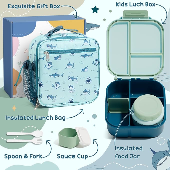 Fimibuke Kids Bento Lunch Box w/ 8.5oz Thermo Food Jar, Insulated Lunch Bag | Leak Proof 3-4 Compartments 60oz Toddler Lunch Food Container with Utensils, Sauce Cup for School Boys Girls, Dishwasher Safe