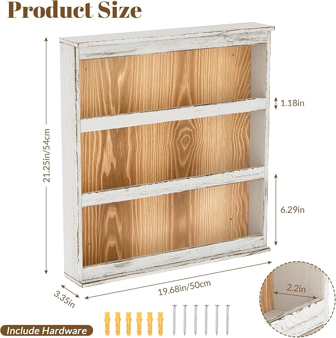 Nisorpa 3 Tier Spice Rack Wall Mount, Rustic Burnt Wood Wall Hanging Spice Rack Kitchen Spice Storage Shelf for Seasoning Jars or Condiment Bottles, 19.68 x 3.35 x 21.25 Inches