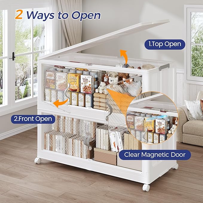 240QT Extra Large Stackable Storage Bins with Lid & Wheels & Doors, 60Gal Foldable Collapsible Closet Organizers, Plastic Cabinet Box Container Drawer for Home Kitchen Bedroom, 4Pack White