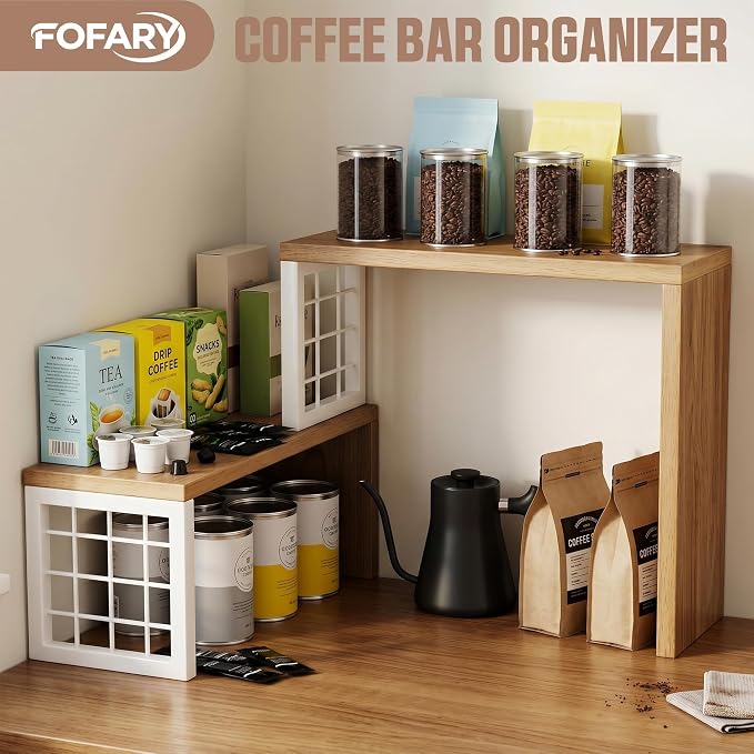 Kitchen Countertop Organizer, 2 Tier Corner Counter Shelf, Beige | Adjustable Cabinet Organizer Shelf, Spice Rack, for Kitchen, Coffee Station, Stackable, Expandable, Fits Corners